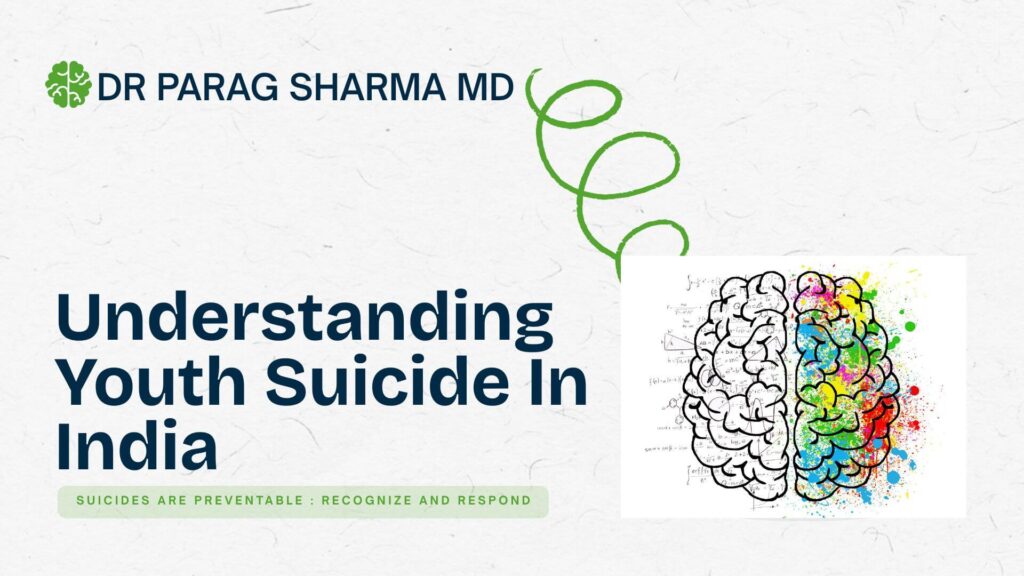 Understanding Youth Suicide in India — Dr Parag Sharma MD blog banner with brain illustration and message 'Suicides are preventable: recognize and respond'