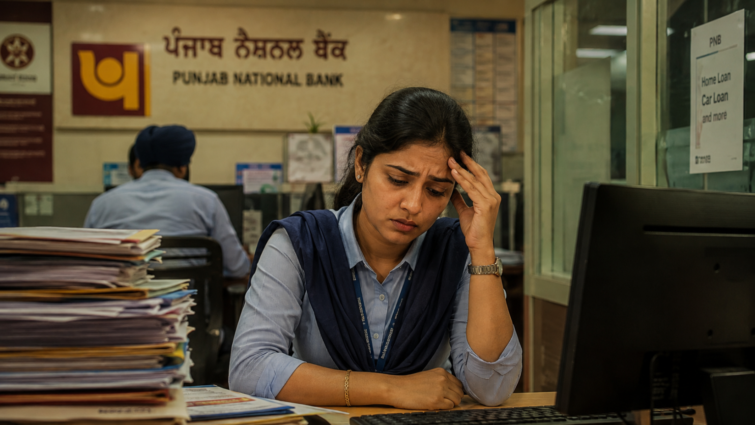 Indian bank employee looking sad and anxious while sitting at her desk in a busy bank office, surrounded by paperwork and work-related tasks.