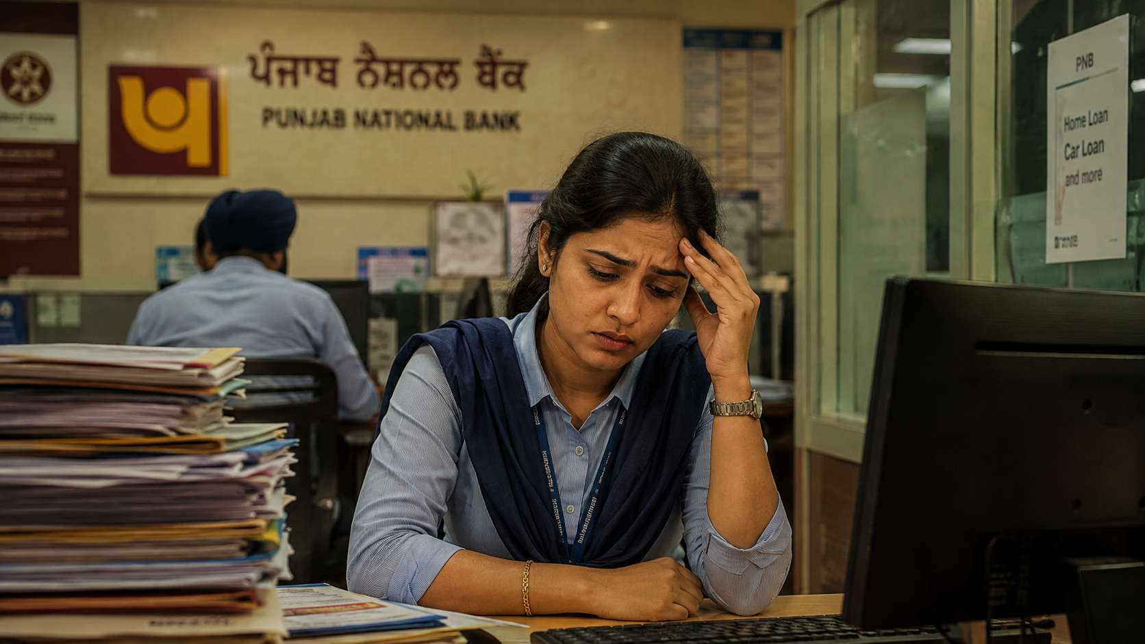 Indian bank employee looking sad and anxious while sitting at her desk in a busy bank office, surrounded by paperwork and work-related tasks.