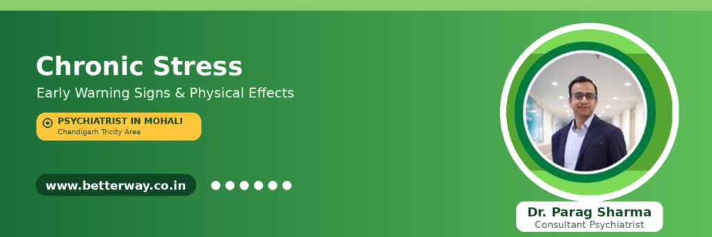 Blog header on chronic stress — early warning signs and physical effects, by Dr. Parag Sharma, psychiatrist in Mohali, Chandigarh Tricity