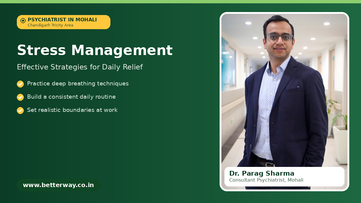 Featured image on stress management strategies for daily relief, by Dr. Parag Sharma, psychiatrist in Mohali, Chandigarh Tricity